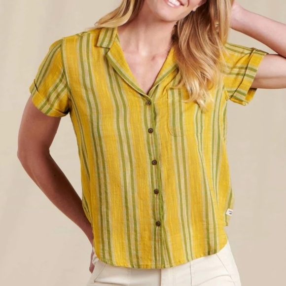 Toad&Co Camp Cove Short Sleeve Shirt Mustard Yellow Green Stripe Button 2022-S - Picture 1 of 10